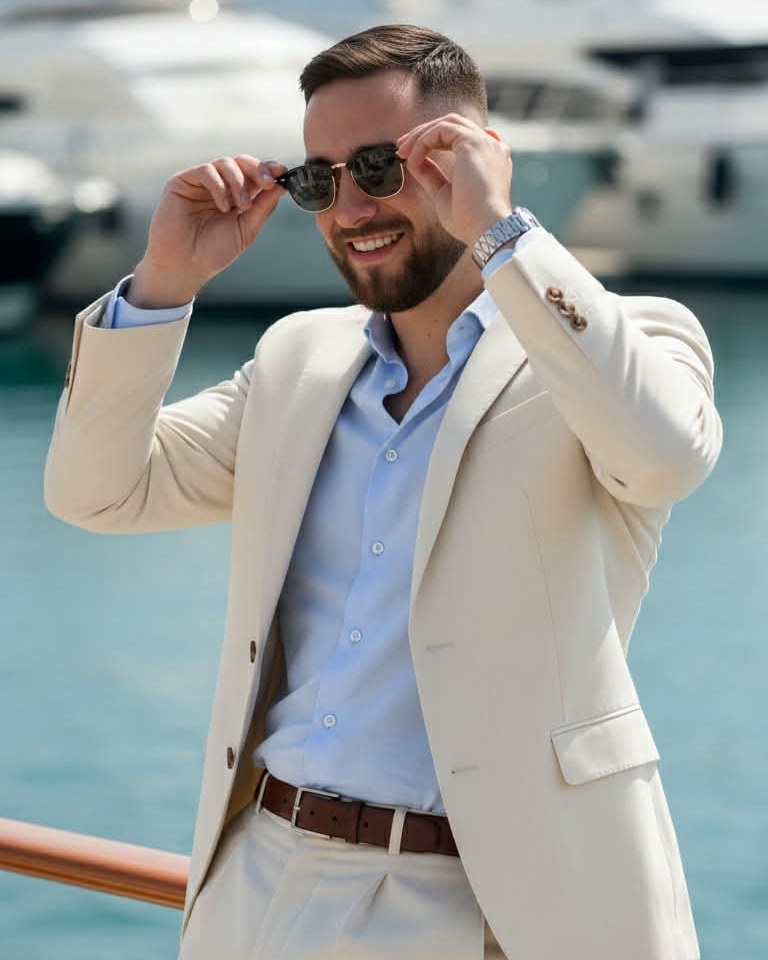 Kevin Cahill in a cream suit by the marina